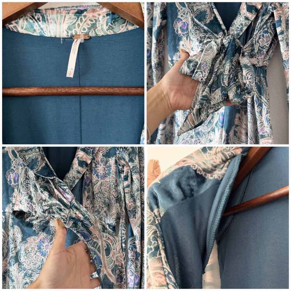 NEW Free People Velvet Paisley Jumpsuit S Boho Luxe Wide Leg Wrap Tie Front - Picture 9 of 13